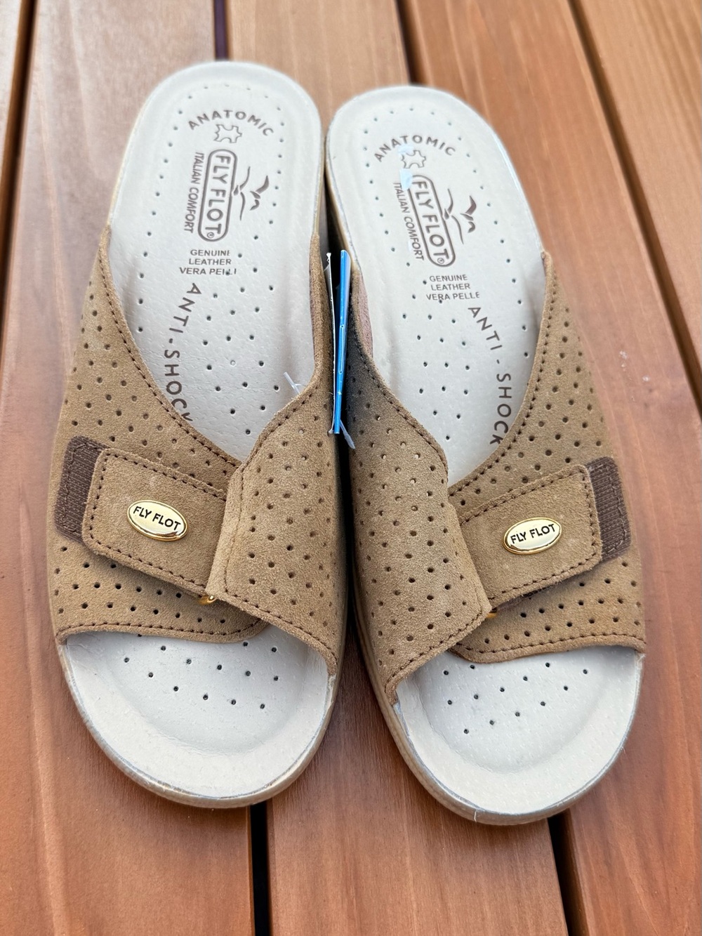 Fly Flot Sandals Womens 8.5 Anatomic Slide Beige Leather Slip On